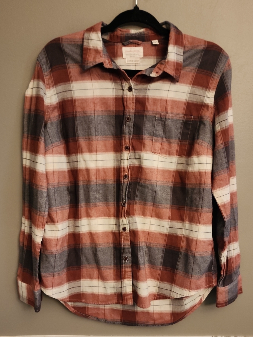 Weatherproof Womens Rust, Blue & White Plaid Button-Down Shirt